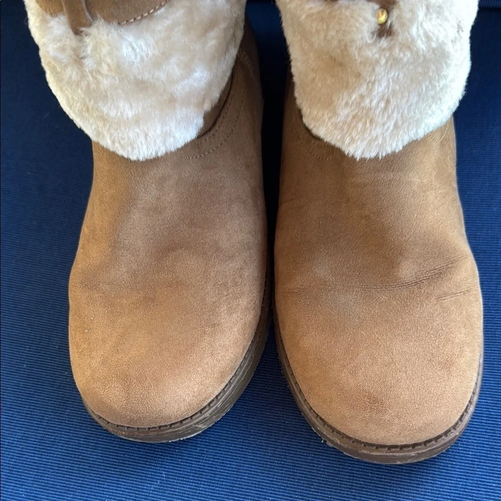 G by Guess Tan Over the Knee Boots with Cream Lining and Buckle Detail